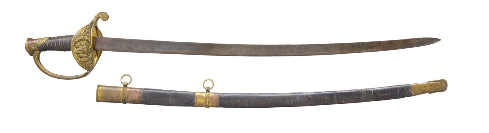 FINE ICONIC & VERY RARE DUFILHO CONFEDERATE: STAFF OFFICER'S SWORD WITH "PELICAN FEEDING YOUNG". 30.5" unstopped fullered blade, crisp maker’s mark: "DUFILHO / NEW ORLEANS". This is among the most beautiful of all Confederate officer sword