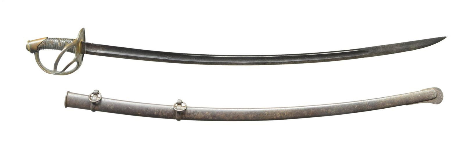 CONFEDERATE PALMETTO ARMORY CAVALRY SABER.: This is a very nice “as found” example of the South Carolina state contract saber. 36” blade has superior “Columbia SC” stamping on ricasso. Sword has all the proper char
