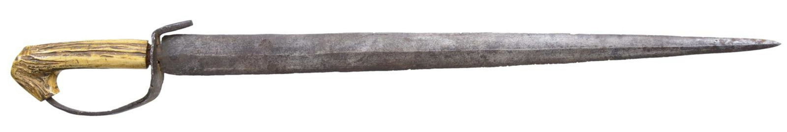 EARLY AMERICAN OR CONFEDERATE: D-GUARD SHORT SWORD. “Knife or sword measures 28” with 22” dagger pointed blade. The tang runs through the “D” shape iron guard and was force fitted into the stag handle.