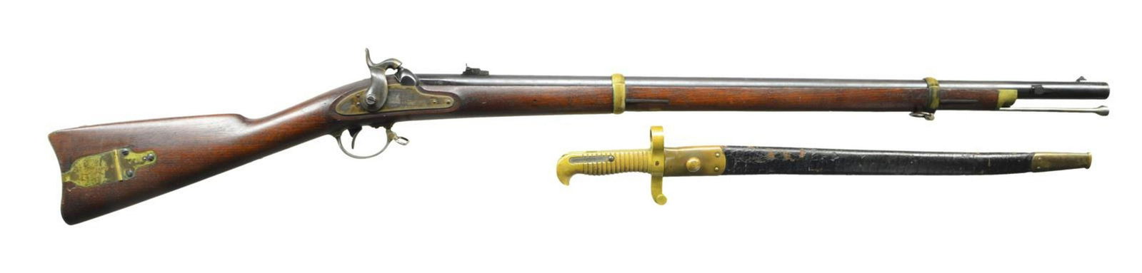 VERY FINE REMINGTON MODEL 1863 (ZOUAVE) PERCUSSION: RIFLE & BAYONET. Cal. 58. NSN. Standard configuration of the popular brass mounted Civil War rifle, 33" blued barrel marked at breech "1863” & “V” / “P” & eaglehead proof