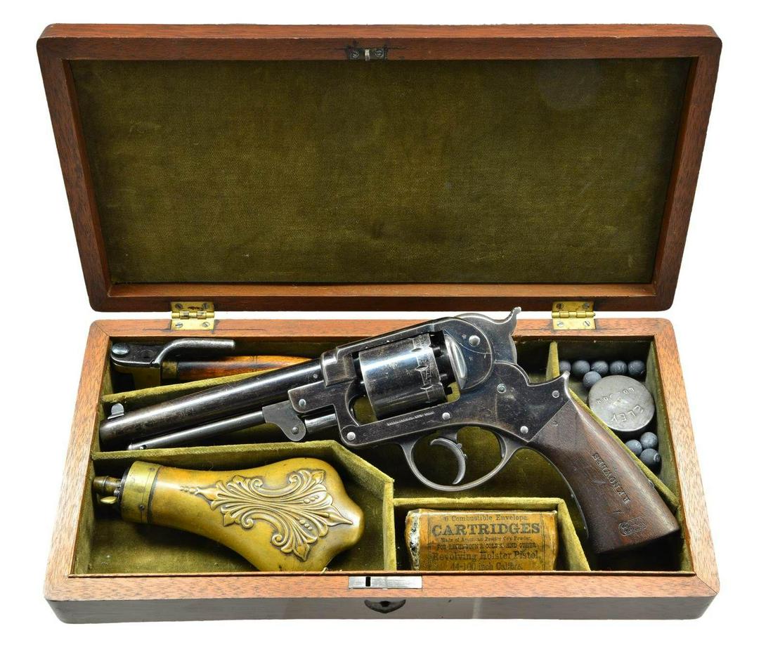 CASED CIVIL WAR STARR DOUBLE ACTION REVOLVER.: Cal. 44. S#18301. Standard configuration of popular Civil War army revolver, 6” round proofed barrel, hinged frame, maker & patent marked on either side. About 20,000 of these revolvers were pur