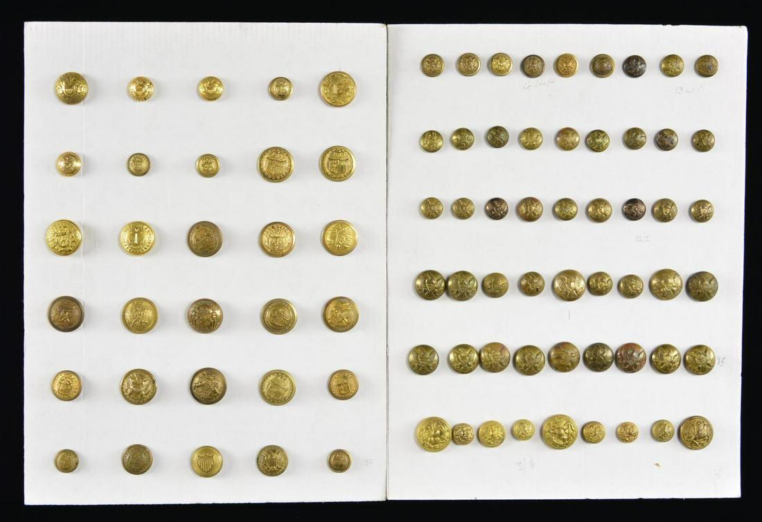 2 LARGE CARDS OF CIVIL WAR & POST-CIVIL WAR: BUTTONS. This group includes 3 coat sized Civil War Navy buttons. / 6 Cuff sized Civil War Navy buttons. / 13 Coat sized Civil War general service buttons. / 13 Cuff sized Civil War general service bu