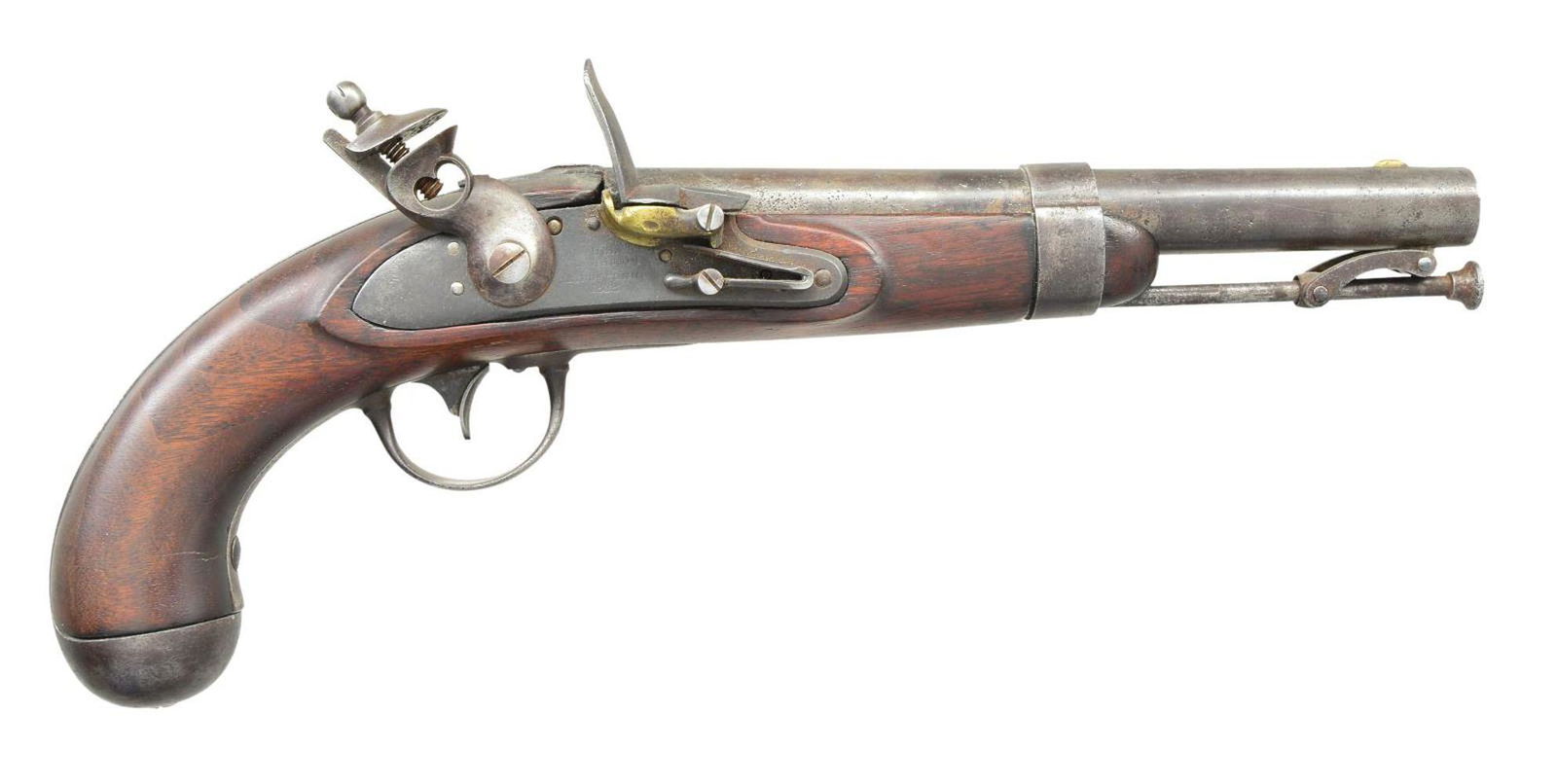 U.S. ROBERT JOHNSON MODEL 1836 FLINTLOCK PISTOL.: Cal. 54. S# NSN. Bbl. 8 1/2" smooth bore rnd. bbl. w/ fixed oval rear sight on top tang & fixed brass blade front sight. Approx. 41,000 of these Model 1836 flintlock pistols were mfg. between 1836 & 1
