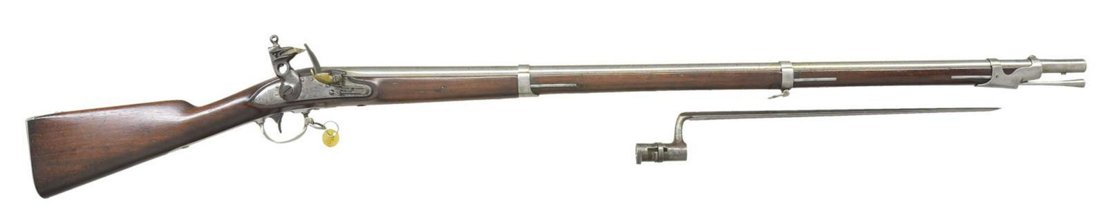 RARE (87) N H SURCHARGED US MODEL 1840 FLINTLOCK: MUSKET IN GOOD ORIGINAL FLINT CONDITION WITH BAYONET. Cal. 69. NSN. All but 3,580 of the 30,421 1840 muskets produced were converted to percussion at Springfield in 1851. It is also documented that 21