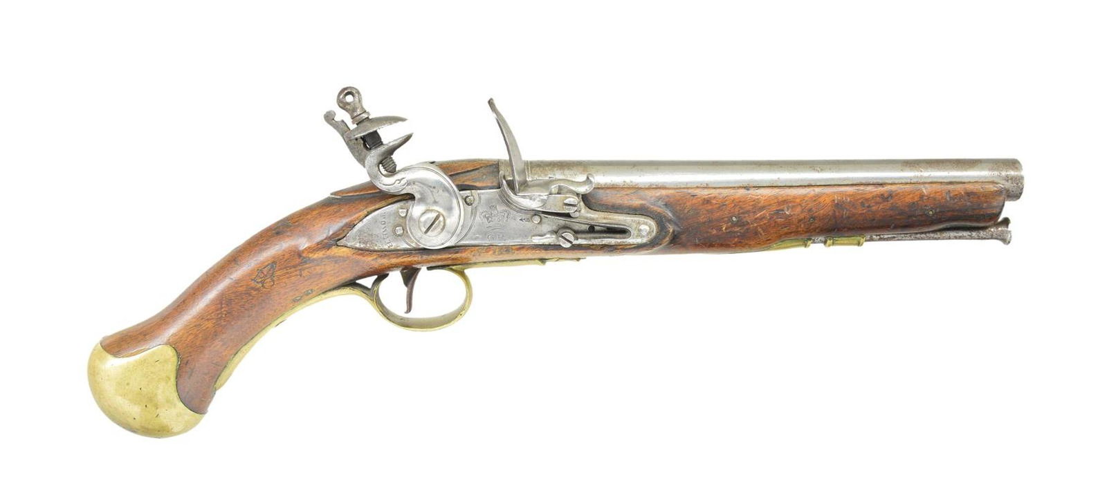 FINE BRITISH “WAR OF 1812” ERA “SEA SERVICE”: FLINTLOCK PISTOL. Cal. 58. S# NSN. Bbl. 9”. 16.5”overall, 1790s vintage original flint configuration, regulation 9” barrel, 6” belt hook, GR cypher, TOWER lock with broad arrow