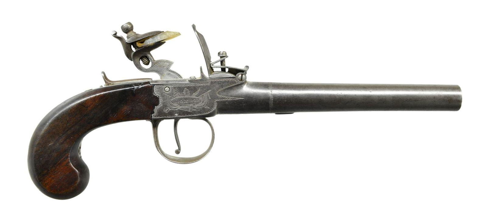 THOMAS, LONDON QUEEN ANNE STYLE FLINTLOCK PISTOL.: Cal. 52. NSN. 5" smoothbore screw type bbl. Boxlock action w/ center mounted hammer & sliding safety. Right side has patriotic themed engraving marked “London”. Left side is engraved ̶