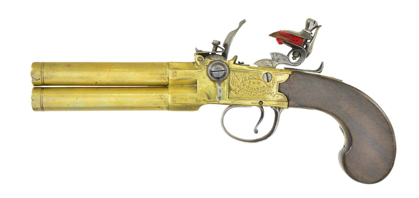 ENGLISH J & W RICHARDS BRASS SUPERPOSED FLINTLOCK: PISTOL. Cal. 40. NSN. Mfg. by J&W Richards of London circa 1808-1810. Brass pistol w/ 3 3/8" screw on bbls. Muzzles have notches to seat balls. Bbls. numbered "12" & "13"; left side of frame numbered