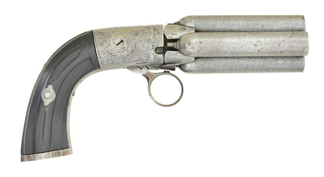 LE PAGE RING TRIGGER PEPPERBOX PISTOL.: Cal. 44. NSN. Bbls. 4 shot cluster of 2 15/16" Damascus screw bbls. Belgian proof marks. Ring trigger under hammer round boxlock action. Action, grip straps & trigger have scroll engraving w/ gold hig