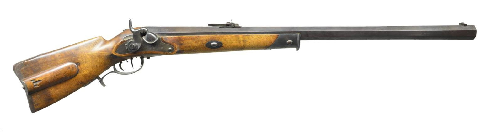 MASSIVE GERMAN PERCUSSION WALL RIFLE BY ARMBERG: ARSENAL. Cal. .90 groove dia. (7 deep grooves). S# NSN. Most likely intended for long range sniping; this oversize sporting rifle has 35 3/4" swamped octagon barrel fitted with flip up ladder rear sig
