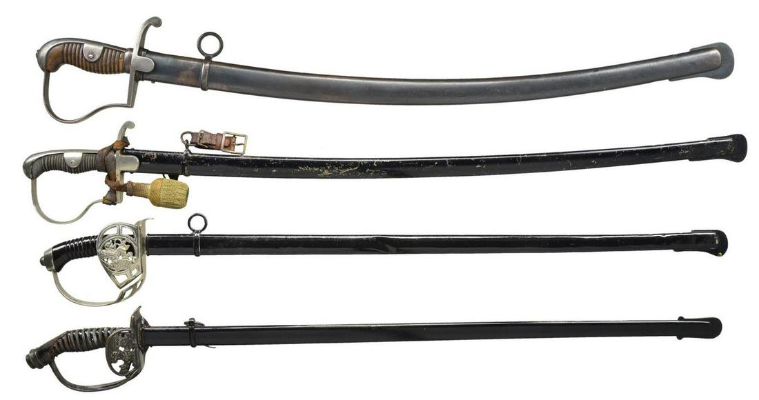 4 GERMANIC SABERS.: These sabers all date to the late 19th century to the early 20th century and originate from Germany or Austria. 1) BAVARIA. Overall length 35 3/4". Blade length 29 3/8". A Bavarian officer’s swo