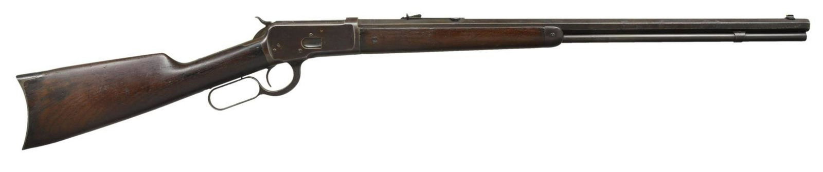 WINCHESTER MODEL 1892 LEVER ACTION RIFLE.: Cal. 32 WCF. S# 289236. Bbl. 24” octagon. Gold bead replacement front sight with flat top sporting rear sight. Full length mag. Walnut stock set with crescent steel buttplate. 1905 Mfg. CONDITIO