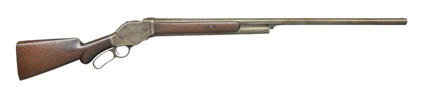 WINCHESTER 1887 LEVER ACTION SHOTGUN.: Cal. 12 Ga. S# 17434. Bbl. 32" w/ brass front bead. Tubular mag. Walnut forearm panels & rnd. knob pistol grip stock w/ checkered steel buttplate. S# indicates 1888 mfg., total of approx. 64,855 were 