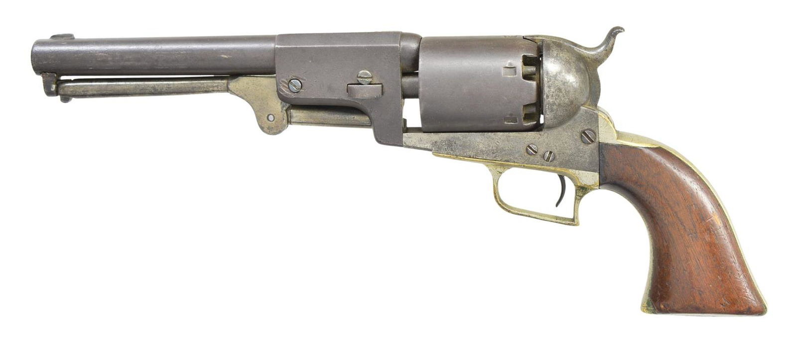 COLT 2ND MODEL DRAGOON REVOLVER.: Cal. 44 . S# 10285. Bbl. 7.5". Standard configuration 7.5" round barrel & octagonal lug, 1-line Colt New York address, German silver blade front sight, left side of frame stamped "COLT’S / PATEN