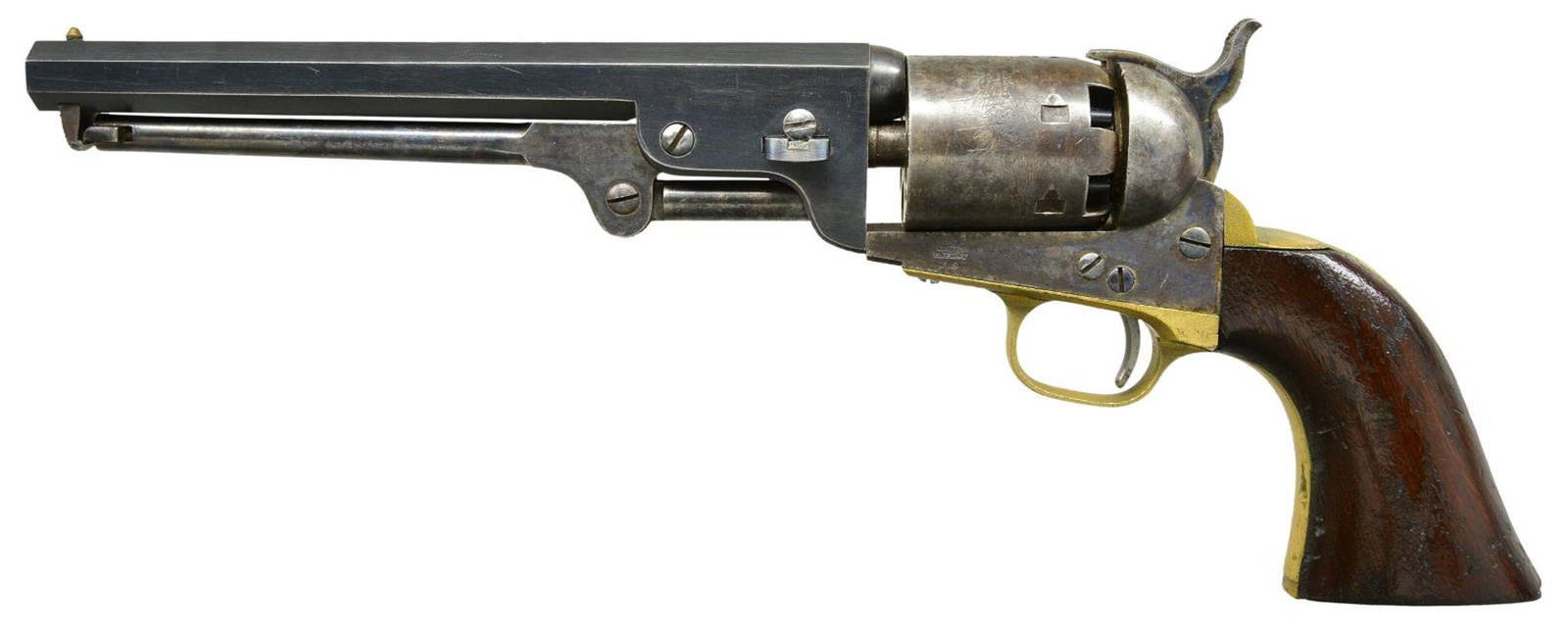COLT 1851 NAVY ASSEMBLED FROM ORIGINAL MARTIAL: PARTS. Cal. 36. S# 35. Assembled from parts obtained from W. Stokes Kirk of Philadelphia, 1945-50. These unusual revolvers are described w/ a list of known S#s (1-120) on page 131 of “The Book o