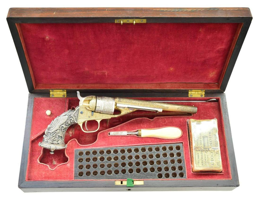 HISTORIC & EXTREMELY FINE POCKET NAVY CARTRIDGE: CONVERSION REVOLVER WITH "TIFFANY" EAGLE GRIPS. Cal. 38. S# 5772. Bbl. 6.5". 6.5”round barrel, 1-line New York address, ejector housing, gold & silver plated, Nimschke-style New York engraving o