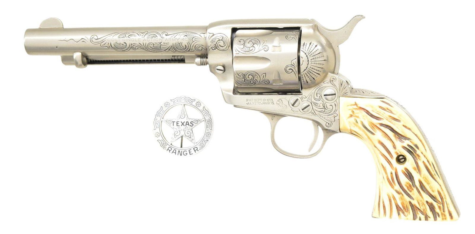 TEXAS RANGER USED COLT SAA JIM RIGGS ENGRAVED: REVOLVER. Cal. 45 Colt. S# 310550. Bbl. 5 ½". First generation Colt carried by Captain Jack Dean, retired, Texas Ranger's Co. D, San Antonio, Texas. Frame, trigger guard, backstrap, cylinder, Bbl