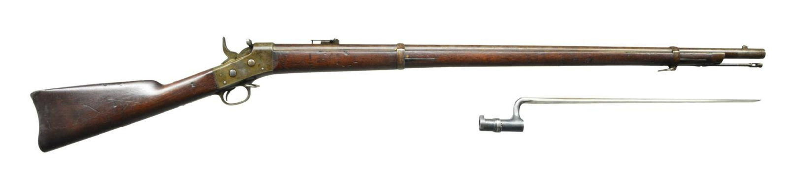 SPRINGFIELD MODEL 1871 ROLLING BLOCK US ARMY RIFLE: Cal. 50-70. NSN. Bbl. 36". Fixed front & folding ladder adjustable rear sights. Two piece stock w/ two Bbl. bands; front band has a sling swivel. Bbl. in the white w/ case colored frame & tangs. Left 