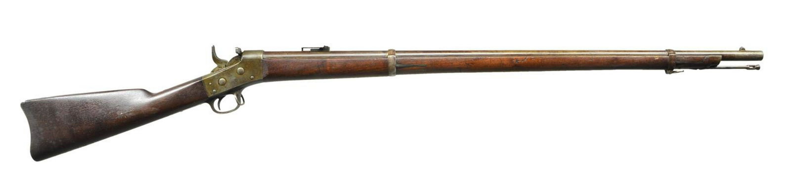 SPRINGFIELD MODEL 1871 ROLLING BLOCK US ARMY RIFLE: Cal. 50-70. NSN. Bbl. 36". Fixed front & folding ladder adjustable rear sights. Two piece stock w/ two Bbl. bands; front band has a sling swivel. Bbl. in the white w/ case colored frame & tangs. Left 
