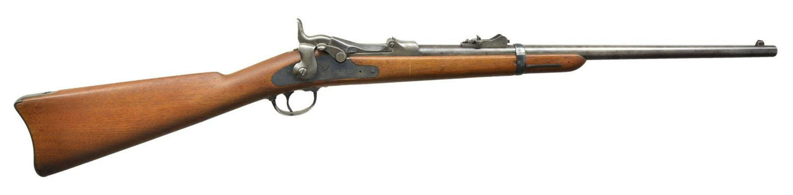 SPRINGFIELD MODEL 1879 TRAPDOOR SINGLE SHOT SRC.: Cal. 45-70. S# 182036. Bbl. 22" with pinned blade front sight and model 1879 graduated carbine rear sight. Low arch model 1873 marked breach block. Springfield marked lock. Band fastened carbine stock