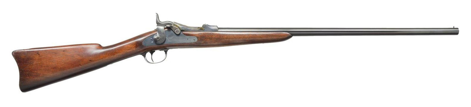 SPRINGFIELD 1881 US TRAPDOOR FORAGER SHOTGUN.: Cal. 20 Ga. S# 1408. Bbl. 26" unmarked possible replacement with tall brass bead. Case colored low arch breach block with special extractor is marked 1881 in slanting numerals. Proper model 1879 style