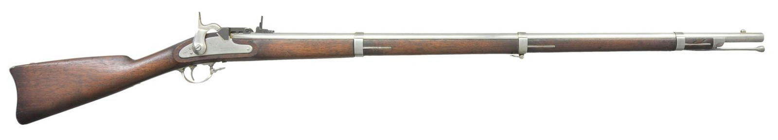 PARKERS' SNOW COMPANY RIFLED MUSKET WITH MILLER: CONVERSION. Cal. 58 RF. NSN. Bbl. 39". Breechloading conversion of an 1861 style Civil War musket patented by George & William Miller. Rifle has an upward lifting breechblock & takes a 58 rimfire roun