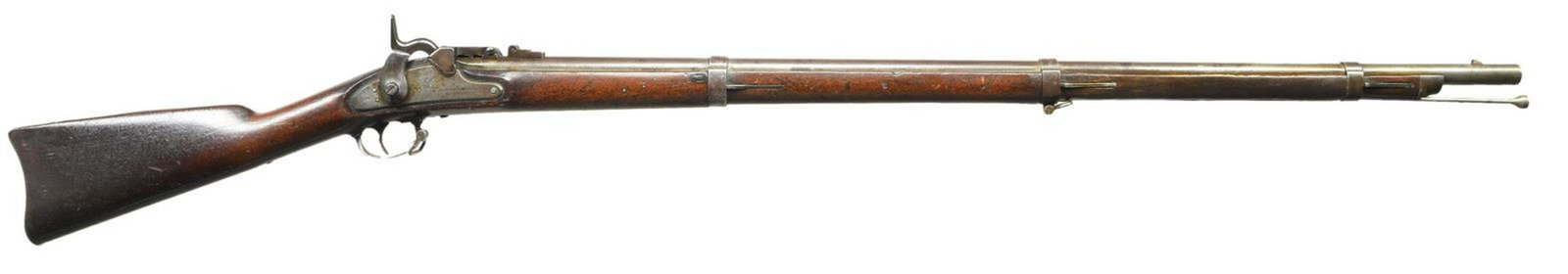 SCARCE MILLER CONVERSION OF A M1861 MUSKET BY: PARKERS’ SNOW & CO. Cal. 58. NSN. Bbl. 39”. This rifle musket is a scarce 1865-67 Miller conversion of an 1864 Parkers’ Snow M1861 musket and utilizes a 58 caliber rim fire cartridge