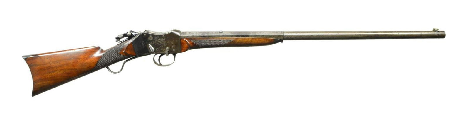 PEABODY MARTINI SINGLE SHOT MIDRANGE SPORTING: RIFLE. Cal. 40-70 Peabody. S# 398 matches on receiver, bbl., forend boss. Bbl. 28" part octagon. Receiver has Parker Hale aperture sight w/ windage adjustment mounted on approx. 1 3/4" added tang. Sig