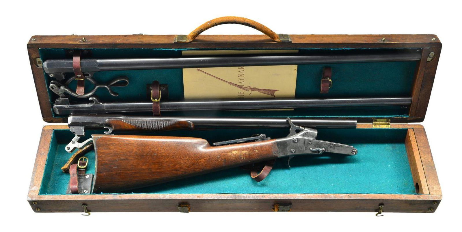 MAYNARD 1882 NO. 3 IMPROVED HUNTING & TARGET: RIFLE. Cals. 32 CF & 28 Ga. S# 12345. Assembled three bbl. set. Case hardened action w/ center mounted hammer & firing pin. Tang mounted Vernier sight. Straight grip walnut stock w/ steel buttplate. B