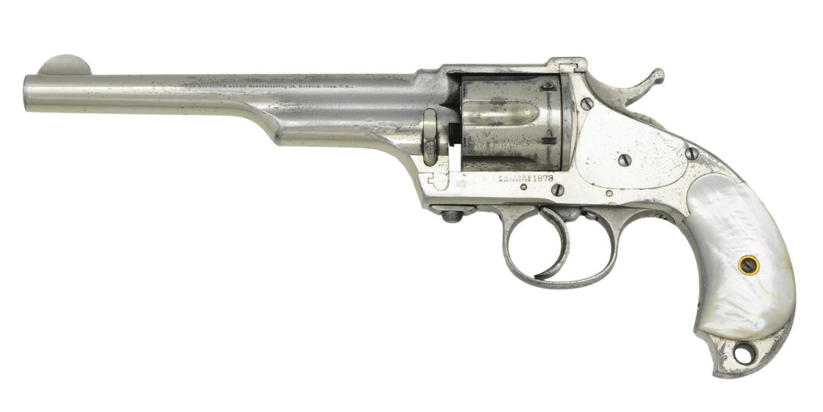MERWIN & HULBERT NICKEL FINISHED BIRDS HEAD LARGE: FRAME DA REVOLVER. Cal. 44-40. S# 5838. Bbl. 7" w/ semicircular front sight. Fluted six shot cyl. Full nickel finish. 2 Piece pearl birds head grips. Several thousand mfg. in the 1880s. CONDITION: fin