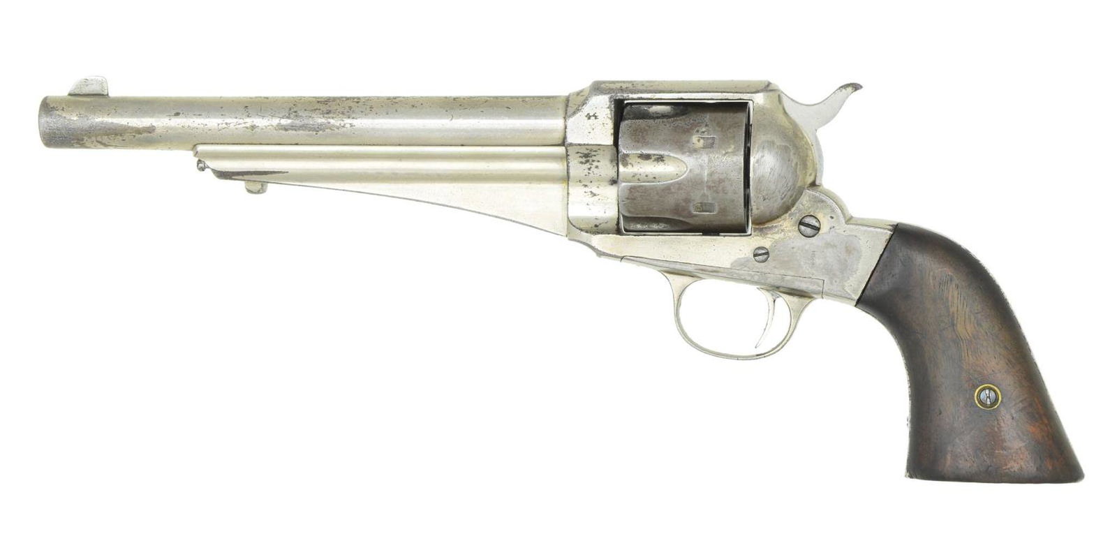REMINGTON MODEL 1875 SINGLE ACTION ARMY REVOLVER.: Cal. 44-40, marked “44” on left front side of frame. S# 1103 (on left inside of grip frame). Bbl. 7 1/2" with blade sight and full webbed ejector housing. Six shot fluted cylinder. Full ni