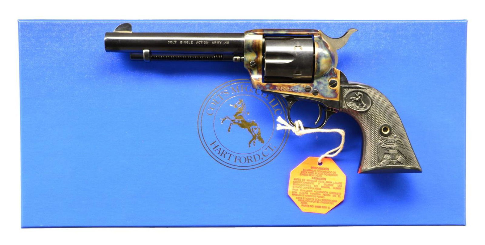 COLT MODEL P CUSTOM SAA 3rd. GENERATION REVOLVER.: Cal. 45 Colt. S# 00033C45. Bbl. 5 1/2" w/ blade sight; frame notched rear. Mfg. 2011 w/ case colored frame & blued finish having Colt checkered black plastic grips. Matching numbered frame, cyl., trig