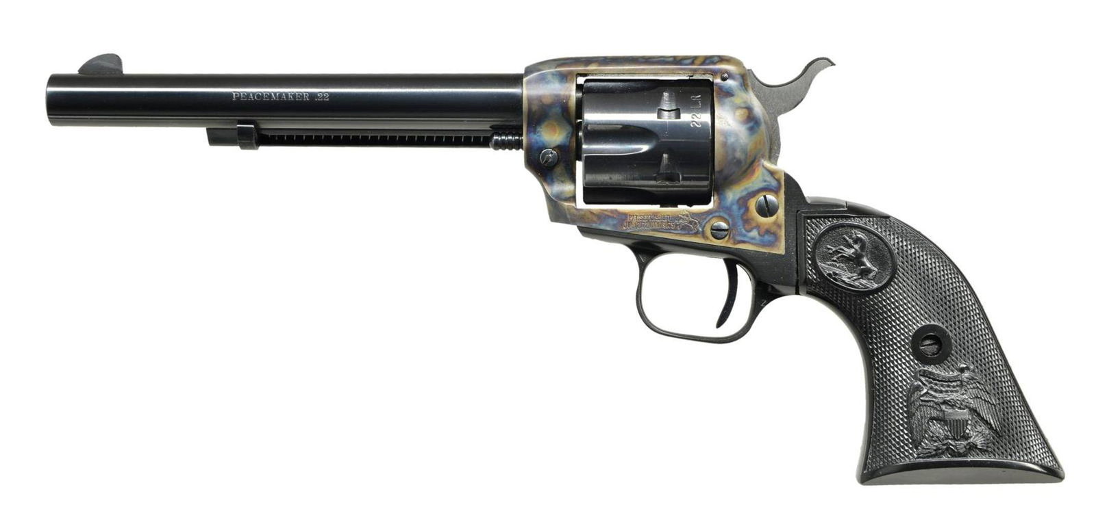 DUAL CYLINDER COLT PEACEMAKER RIMFIRE REVOLVER.: Cal. 22 LR. S# G164224. Bbl. 6". Mfg.1976. 6 Shot fluted cylinder. Blued cylinder & barrel w/ case colored frame. Blade front sight w/ rear notch sight. Black plastic checkered grips w/ Colt logo at t