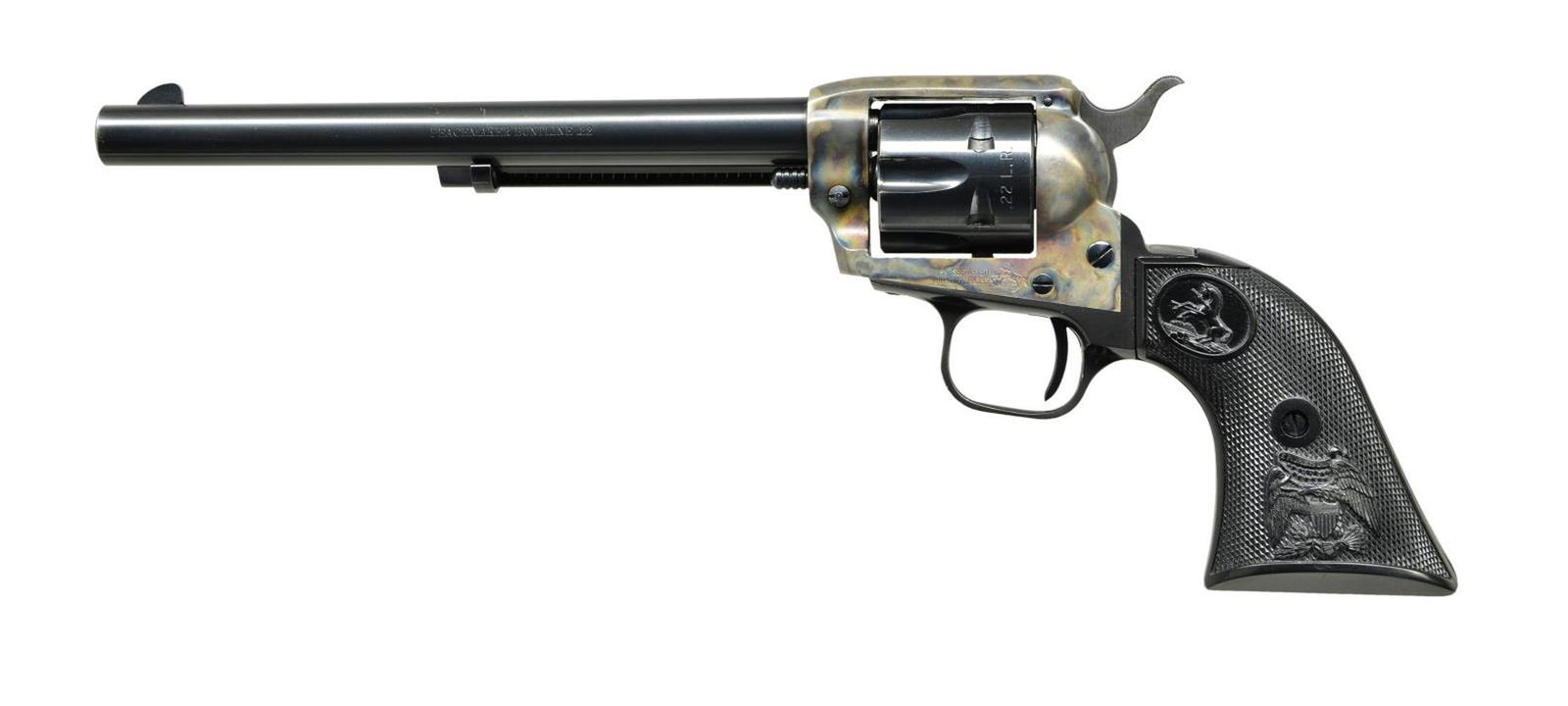 COLT PEACEMAKER RIMFIRE BUNTLINE REVOLVER.: Cal. 22 LR. S# G51684. Bbl. 7.5". Mfg.1972. 6 Shot fluted cylinder. Blued cylinder & barrel w/ case colored frame. Blade front sight w/ rear notch sight. Black plastic checkered grips w/ Colt logo at 