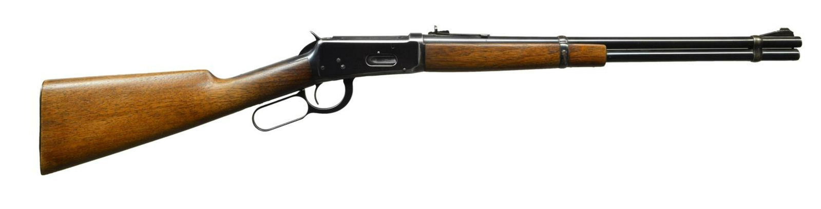 WINCHESTER MODEL 94 PRE-64 LEVER ACTION CARBINE.: Cal. 30 WCF. S# 1313714. Bbl. 20” with ramp mounted bead front and sporting rear sights. Long wood forend with walnut stock having grooved steel buttplate. WWII era mfg. CONDITION: 80% lightly w