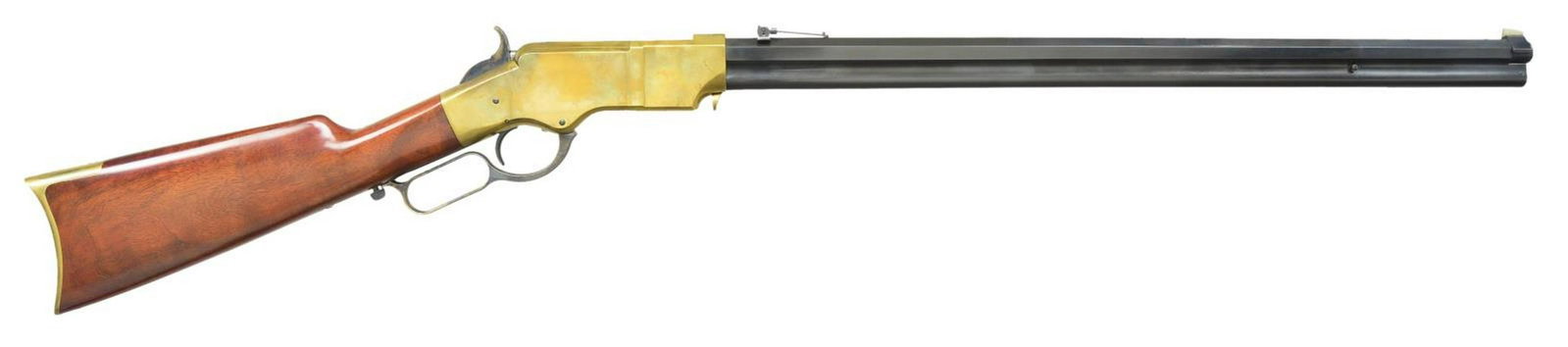 UBERTI HENRY LEVER ACTION RIFLE.: Cal. 45 Colt. S# W17710. Bbl. 24" octagon with integral mag tube. Shroud at muzzle end rotates for loading. Blade front sight with graduated leaf rear sight. Blue finish with brass action having case 