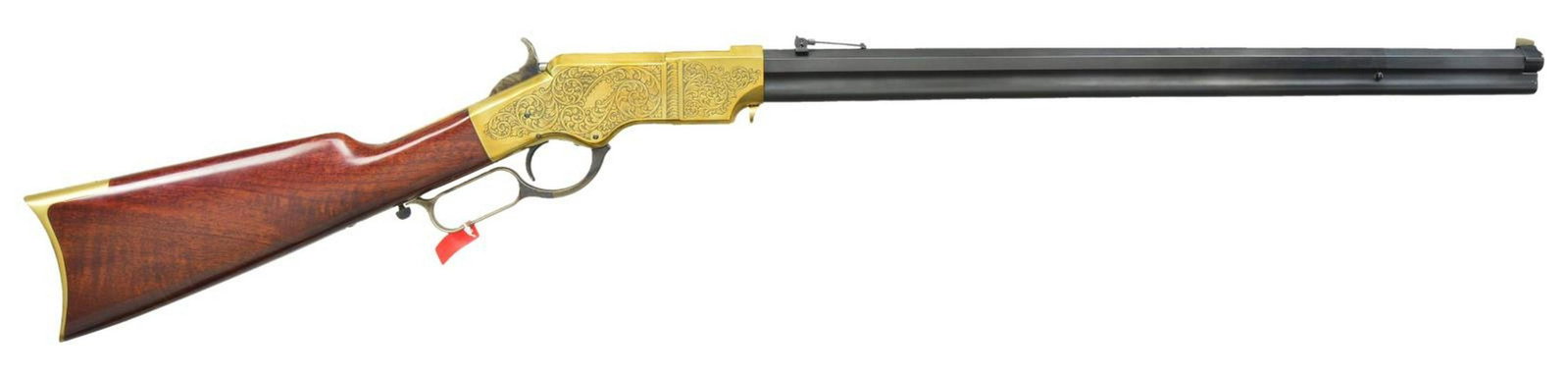 UBERTI HENRY DELUXE ENGRAVED LEVER ACTION RIFLE.: Cal. 45 Colt. S# W35341. Bbl. 24" octagon with integral magazine tube. Shroud at muzzle end rotates for loading. Blade front sight with folding leaf rear sight. Blue finish with brass action having ca