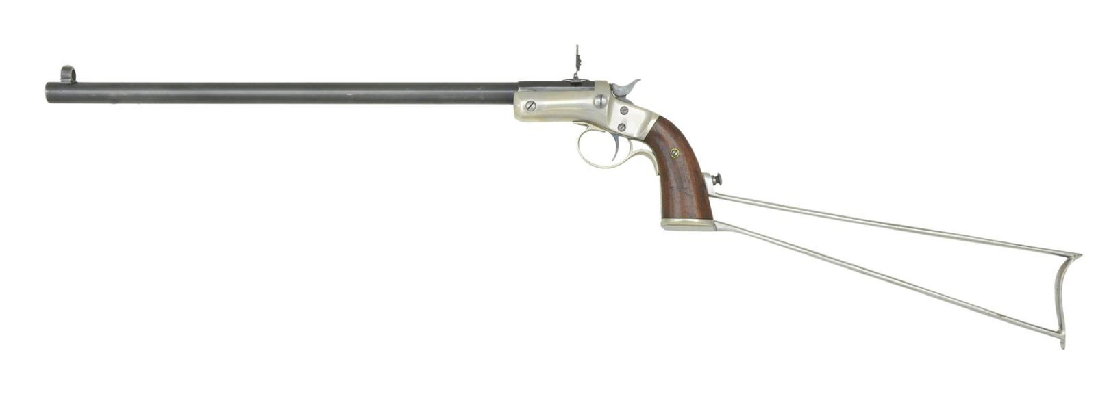 STEVENS NEW MODEL No. 40 POCKET RIFLE w/ STOCK.: Cal. 22 LR. S# 34709. Bbl. 15" matching numbered part rnd., part oct. w/ combination front sight; folding peep sight at rear. Mfg. 1896-1916 (approx. 15,000 units) w/ firing pin in frame w/out bushing