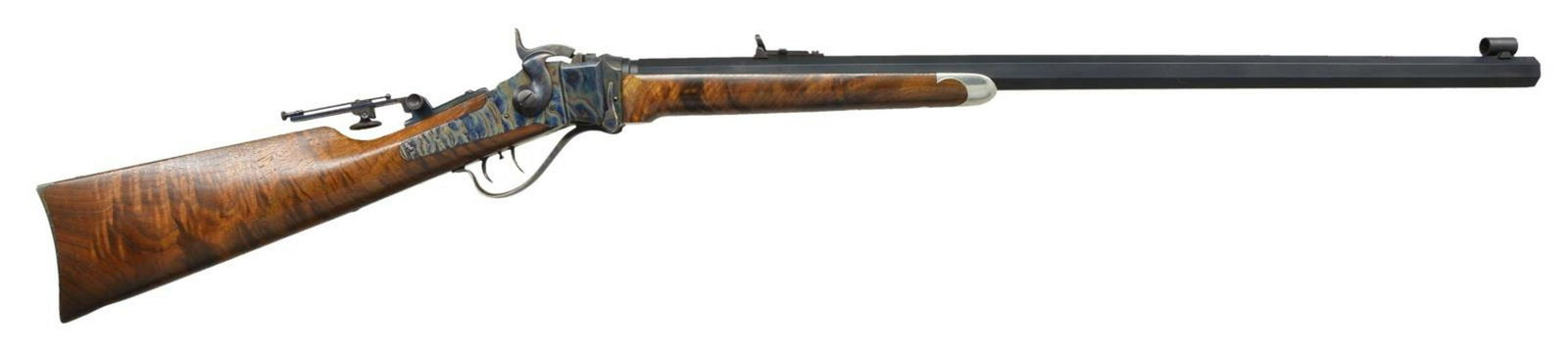 SHILOH SHARPS MODEL 1874 SINGLE SHOT RIFLE.: Cal. 45-2/10" (45-70). S# B9552. Bbl. 30" heavy octagon with Hartford collar measures 1 inch across flats at muzzle. Globe post front sight, graduated leaf Buckhorn rear sight with long range Vernier 