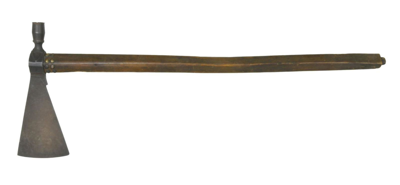 FINE NATIVE AMERICAN LARGE PIPE TOMAHAWK.: 25.5” original well patinaed haft with tack design at 10” forged iron head, 4” cutting edge. Tomahawk overall appears complete and a fine original survivor of the late 19th century.