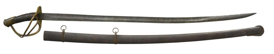 "AS FOUND" HAIMAN COLUMBUS GEORGIA CAVALRY SABER.: Classic "Dog River" saber made by the largest sword factory in Georgia. Characteristic Haiman features, heavy 36" unstopped forward blade, slightly cocked hilt, single heavy iron wire wrap overpainted