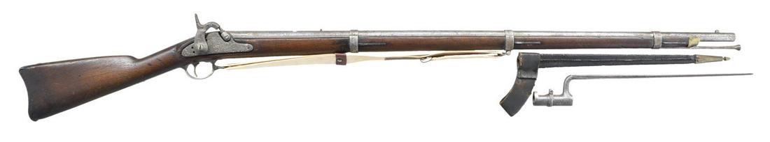 COMPOSITE RICHMOND 1855 TYPE MUSKET & BAYONET.: Cal. 58. NSN. Bbl. 40". This interesting gun appears to be a US M1855 musket fitted with an excavated Richmond lockplate & hammer. The barrel has no visible markings and has a front sight that doubles