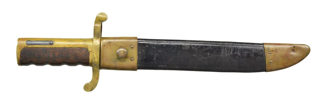 FINE 1863 DATED DAHLGREN BOWIE BAYONET & SHEATH: FOR 1861 PLYMOUTH RIFLE. 16.75" Overall, 12" heavy blade w/ 5 1/2" clip point. "AMES MFG CO / CHICOPEE / MASS" on one ricasso & the other "U.S.N. / DR / 1864". Original Dahlgren brass mounted sheath i