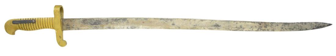 SWORD BAYONET FOR MODEL 1841 MISSISSIPPI RIFLE.: Overall: 30 1/2". Blade 25 1/2". S# 8578 on brass hilt. Punch stamped "FK" on right side pommel. CONDITION: blade has gray patina appearance showing prior cleaning, large areas of patina, light pittin