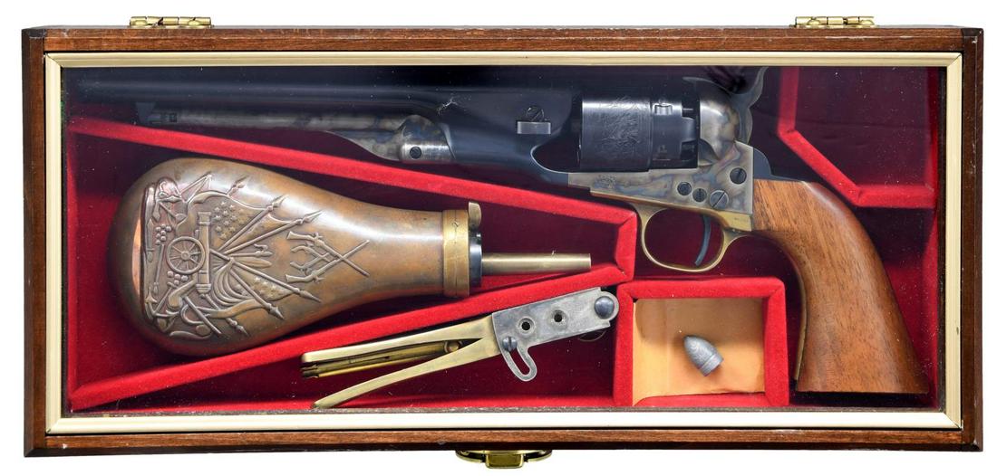 COLT 2ND GEN. 1860 ARMY F-1200 REVOLVER: Cal. 44. S# 202682 (approx. 6,300 mfg. 1978-1982). Matching numbers on 8" rnd. bbl., 6 shot rebated cyl. having roll engraved Naval scene., brass trigger guard, back strap & wedge. Case hardened frame