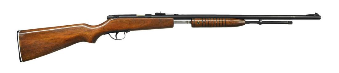 NOBLE MODEL 235 PUMP ACTION RIMFIRE RIFLE.: Cal. 22 S. L, LR. NSN. Bbl. 24". Mfg. 1946-1971. Blued steel barrel & receiver. Pump action rimfire rifle w/ internal hammer. Ramped blade front & elevation adjustable rear sights. Hardwood forend & s