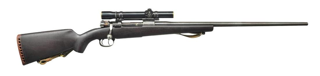 MAUSER SPORTERIZED MODEL 98 BOLT ACTION RIFLE.: Cal. 257 Roberts. S# 9707. Bbl. 24" without provision for sights. Engraved receiver originally fitted with European side mount; right side drilled and tapped for receiver sight. Buehler scope mount se