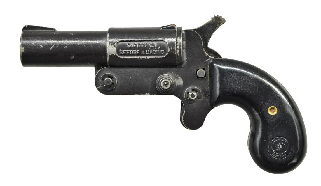 COBRAY MODEL D SINGLE SHOT DERRINGER BY FMJ.: Cal. 45 (45 LC & 410, 2 1/2"). S# A00048239. Bbl. 3 1/2". Open sights. Black finish. 2 Piece black plastic grips. CONDITION: good overall metal & grips w/ handling marks & peeling finish. Good bore w/