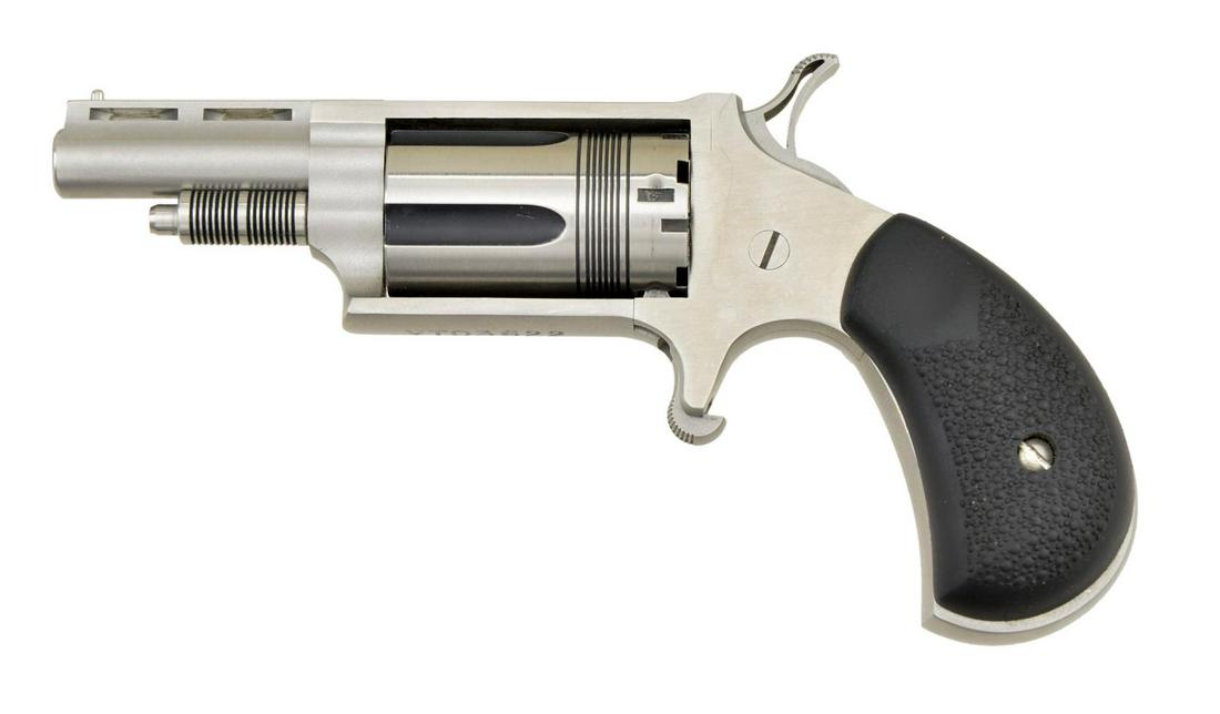 NORTH AMERICAN ARMS THE WASP REVOLVER.: Cal. 22 Mag. S# VT03622. VR 1 5/8" bbl. w/ post front sight. 5 Shot fluted stylized cyl. Model NAA-22M-TW w/ rubber pebbled grips. UNATTACHED ACCESSORIES: zippered case. CONDITION: near excellent incl