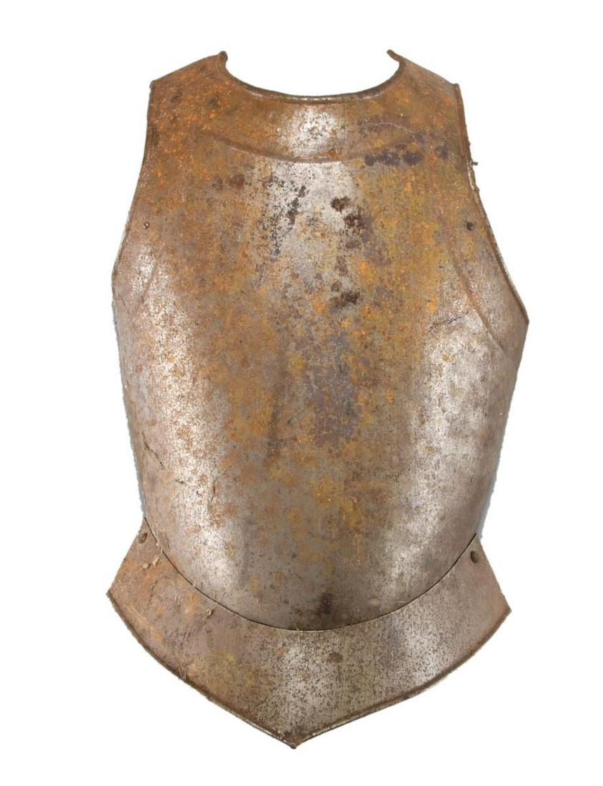 DECORATIVE ARMOR & HELMET.: This lot consists of a decorative copy of a Roman chest plate on an attractive iron wall mount. The chest plate is accompanied by a similarly made copy of a gladiator style cage front helmet. Another 