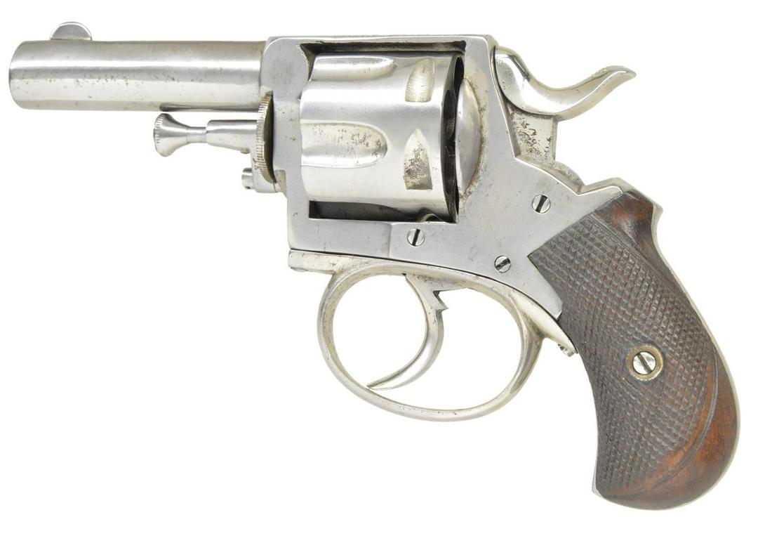 BELGIAN BRITISH BULL DOG ANTIQUE DA REVOLVER.: Cal. 32 S&W. NSN. Bbl. 2 1/2" w/ semi circular blade front sight & trough in top strap marked "BRITISH BULL DOG". Mfg. prior to 1893 as indicated by its pre 1893 Leige proof on rear of 6 rd. fluted cy